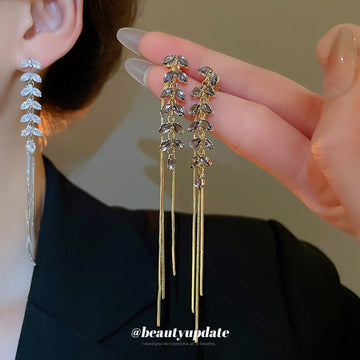 Purple Crystal Leaf Chain Tassel Stud Earrings Fashion Jewelry
