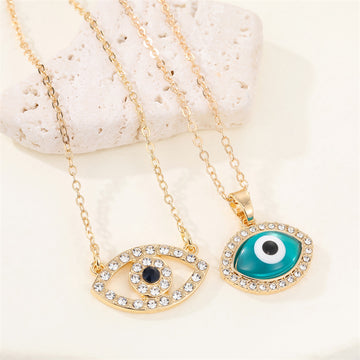 Gold Tone Crystal Evil Eye Pendant Necklaces in Two Designs