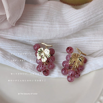 Pink Speckled Grape Cluster Stud Earrings Gold Leaf Accent