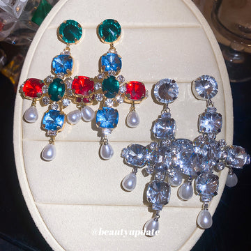 Crystal Cross Statement Earrings with Pearl Drop Fringe