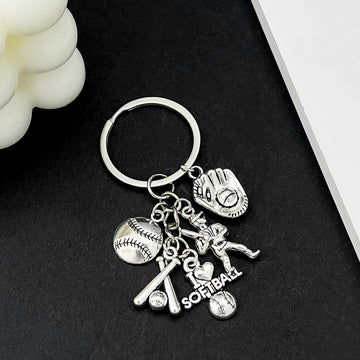 Four Sport Ball and Gear Charm Keychains with Metal Hardware