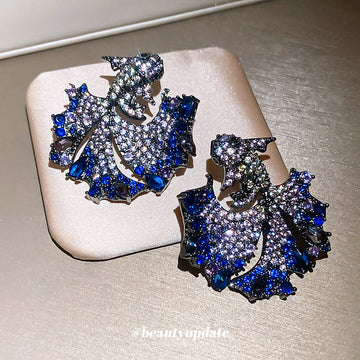 Blue Crystal Koi Fish Statement Stud Earrings with Fringe