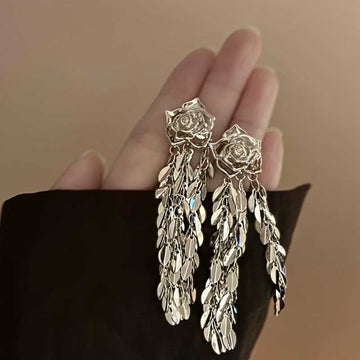 Silver Tone Sculpted Rose Earrings With Cascading Metal Fringe