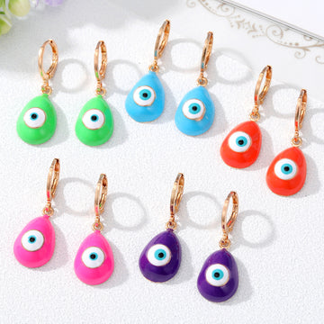 Gold Tone Colorful Teardrop Evil Eye Huggie Drop Earrings