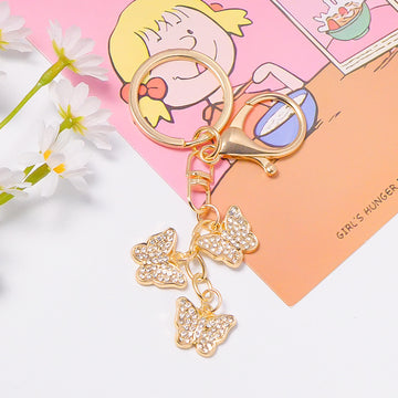 Gold Triple Rhinestone Butterfly Charm Metal Keychain