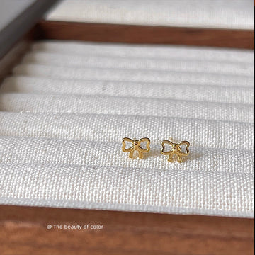 Gold Mini Outline Bow Polished Metal Stud Earrings