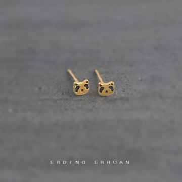 Mini Gold Cat Face Stud Earrings Black Enamel Eyes