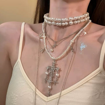 Layered Pearl And Crystal Cross Necklace In Two Styles