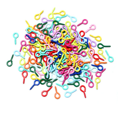 Small color-coated screw eye pin with a single loop in a group view on a white background