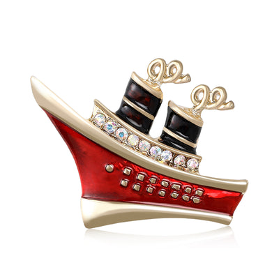 Enamel Steamship brooch front view on a white background