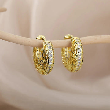 Silver Gold Tone Filigree Floral Pave Huggie Hoop Earrings