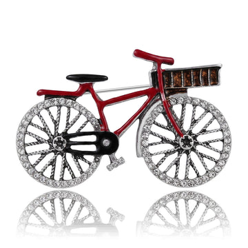 Bicycle Brooch In Metal With A Colored Frame, Crystal Wheels, And Black Details