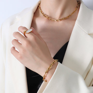Open Link Chain Bracelet Gold Steel Tone Metal Alloy