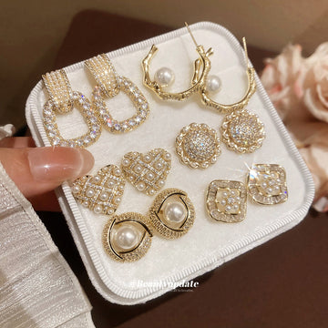 Gold Tone Crystal Stud Earrings In Six Geometric Designs