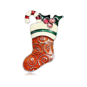 Alloy Enamel Christmas Stocking Brooch with Candy Cane Detail