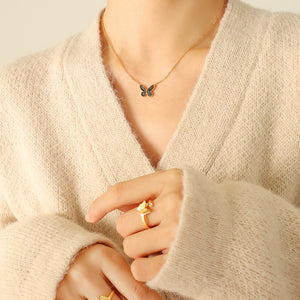 Butterfly Pendant Necklace Gold Steel Black Wing Cable Chain