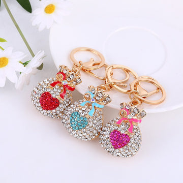 Rhinestone Lucky Money Bag Heart Keychains Gold Tone 3 Colors
