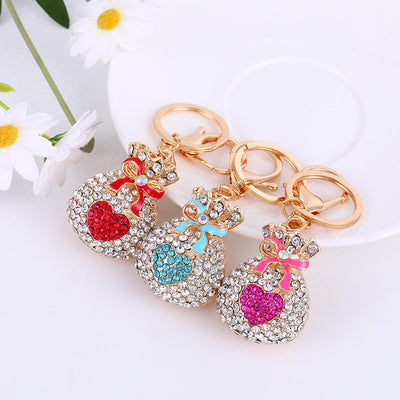 Red cyan and pink rhinestone lucky money bag heart keychains
