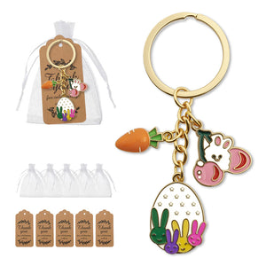 Easter Rabbit, Egg and Carrot Enamel Keychain on a Gold-Tone Ring