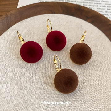Velvet Round Drop Lever Hook Earrings In Brown And Deep Red