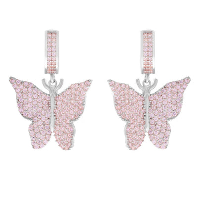 Close view of crystal butterfly earrings in four color and drop styles