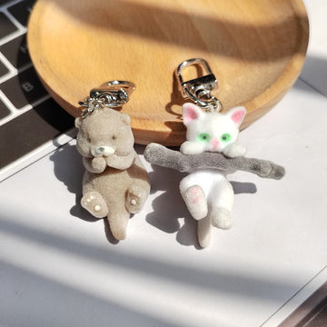 Flocked Cat On Branch Otter Keychains Silver Clips 2 Styles