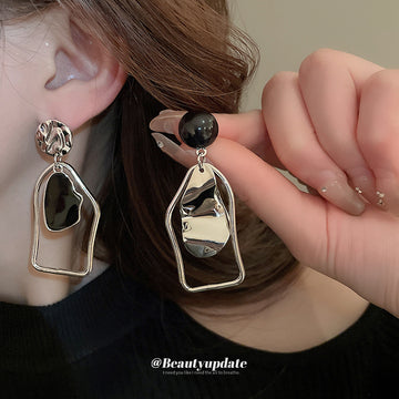 Gold Tone Black and White Asymmetric Geometric Earrings