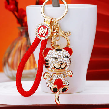 Jeweled Hugging Tiger Keychains with Braided and Bare Wrist Loops