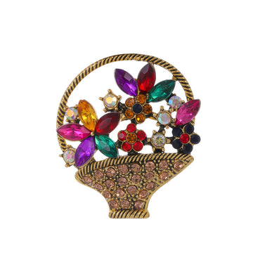 Red Gold Tone Flower Basket Metal Brooch Pin for Jackets and Lapels