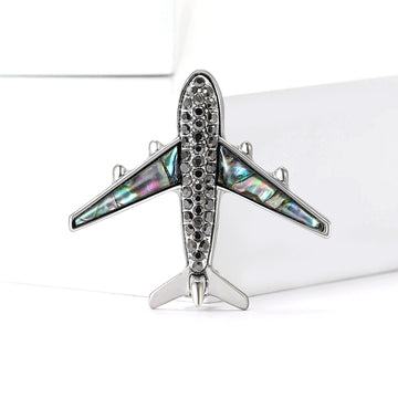 Crystal Airplane Brooch With Iridescent Shell Inlay Wings