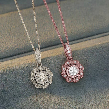 Flower Petal Clear CZ Pendant Necklace White Rose Gold
