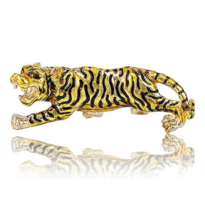 Front view of a walking striped tiger rendered in four enamel colorways