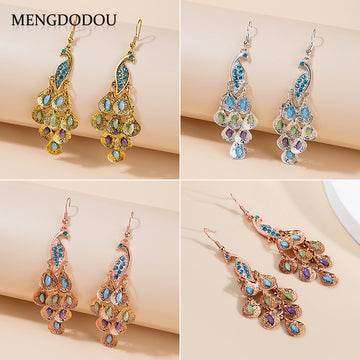 Rose Gold Peacock Fan Multicolor Long Stud Earrings