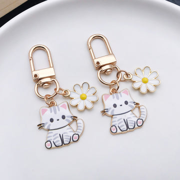 White Cat and Daisy Enamel Clip Keychain Eight-Style Collection