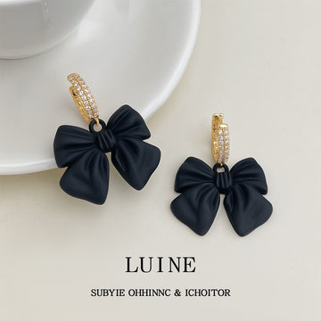 Gold-Tone Pave Huggie Black Matte Bow Drop Earrings