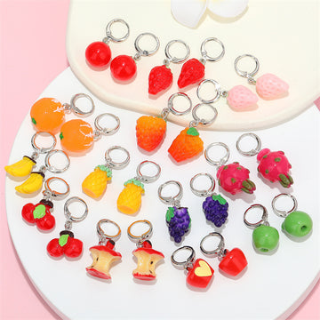 Silver Tone Huggie Drop Earrings with Miniature Fruit Charms