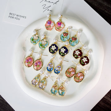 Gold-Tone Irregular Floral Drop Earrings with Pearl-Like Studs in 10 Styles