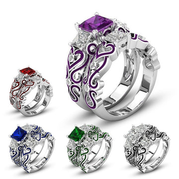 Colored Square Stone Ring Pair with Scroll Pattern Bands