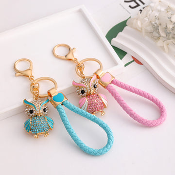 Rhinestone Owl Keychain Gold Tone Charm Pink Or Blue Styles