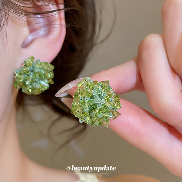 Green Crystal Cluster Flower Stud Earrings With Decorative Details