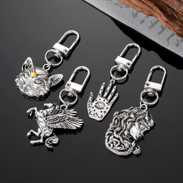 Antique Silver Tone Palm Pegasus Medusa and Cat Clip Keychains