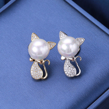 Pearl-look Cat Brooch In 2 Color Variants For Jackets and Scarves