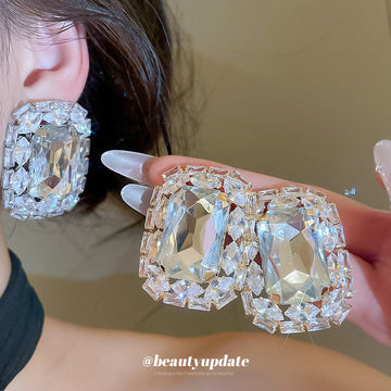 Rectangular Crystal Cluster Stud Earrings in Two Tones