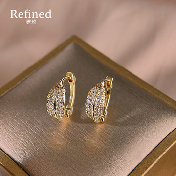 Gold Pave Crystal Leaf Shaped Huggie Hoop Earrings