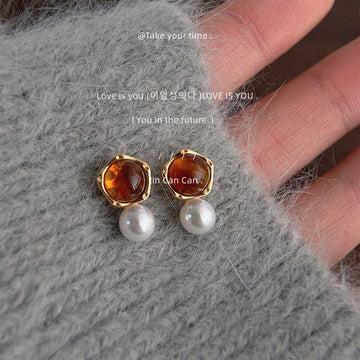 Gold Amber Geometric Stud Earrings White Pearl Drop Accents