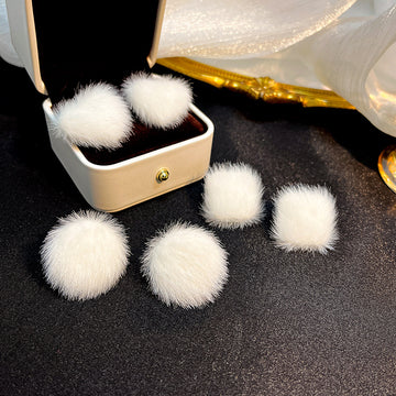 White Fuzzy Pom Pom Soft Round Small Stud Earrings