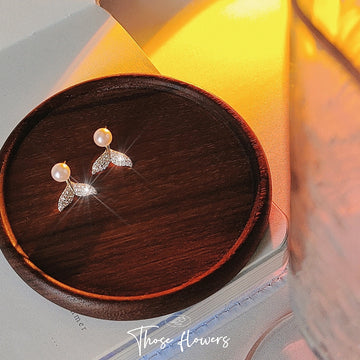 Gold Pearl Top Crystal Pave Fish Tail Stud Earrings