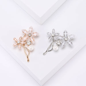 Acrylic Flower Branch Brooch in Detailed Metal and Crystal Design