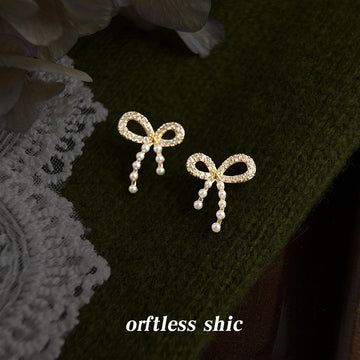 Gold Tone Clear Stone Bow Tassel Stud Earrings For Women