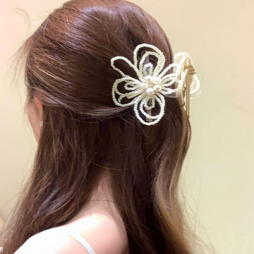 White Pearl Beaded Flower Hair Claw Clip With Clear Base